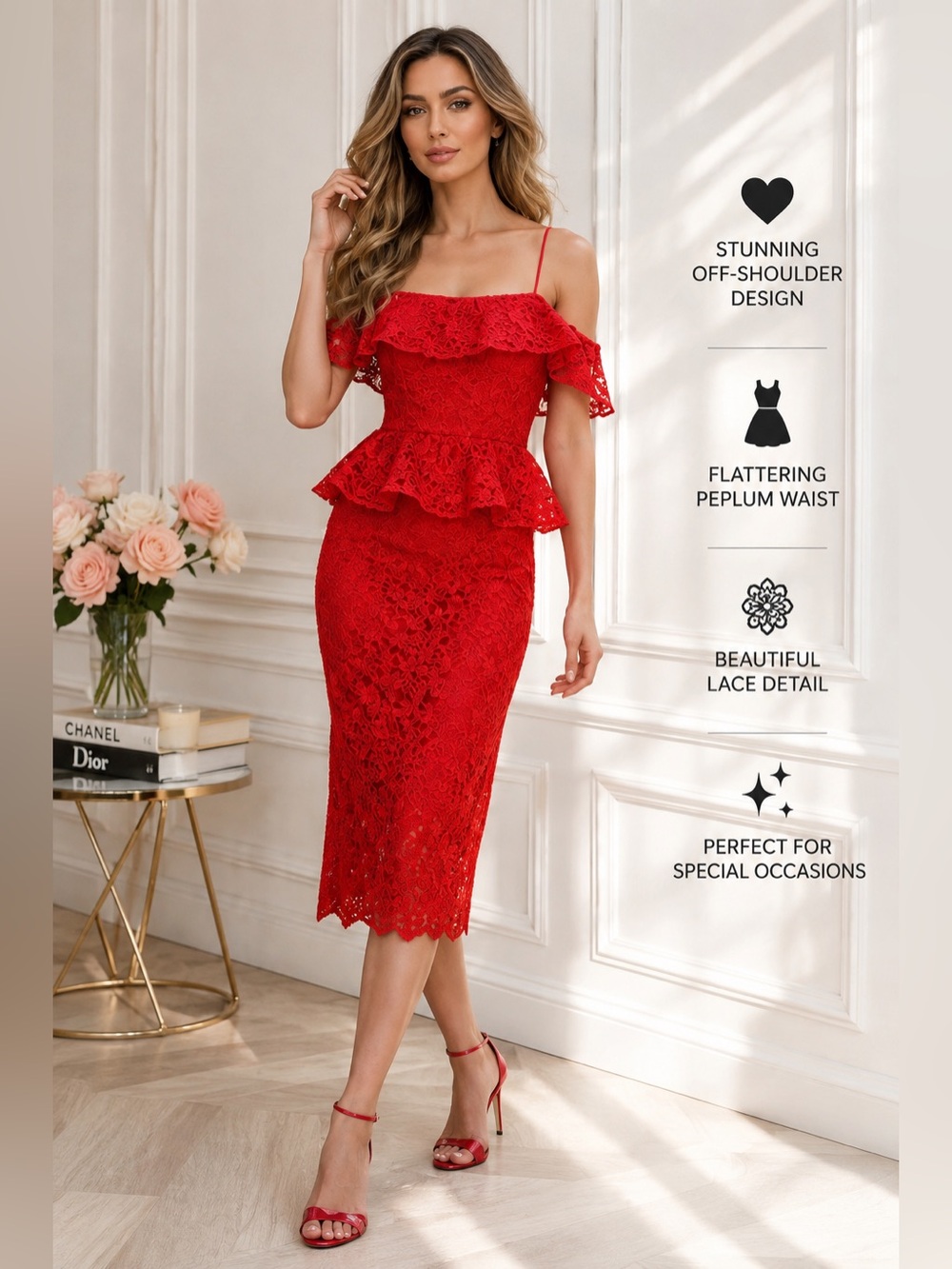 Muse x Marchesa Womens Red Lace Off Shoulder Midi Dress Peplum Sz 10 Elegant